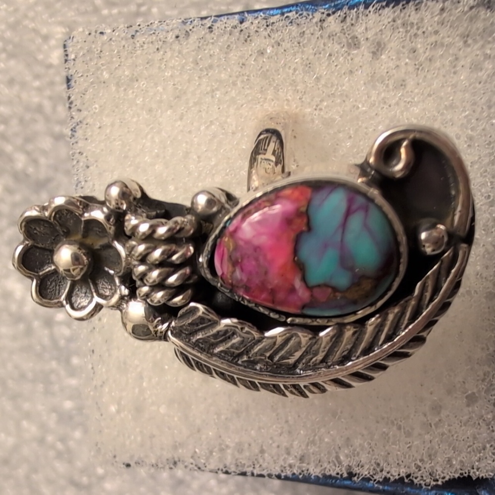 Sterling Silver Floral Feather Turquoise and Pink Stone Ring